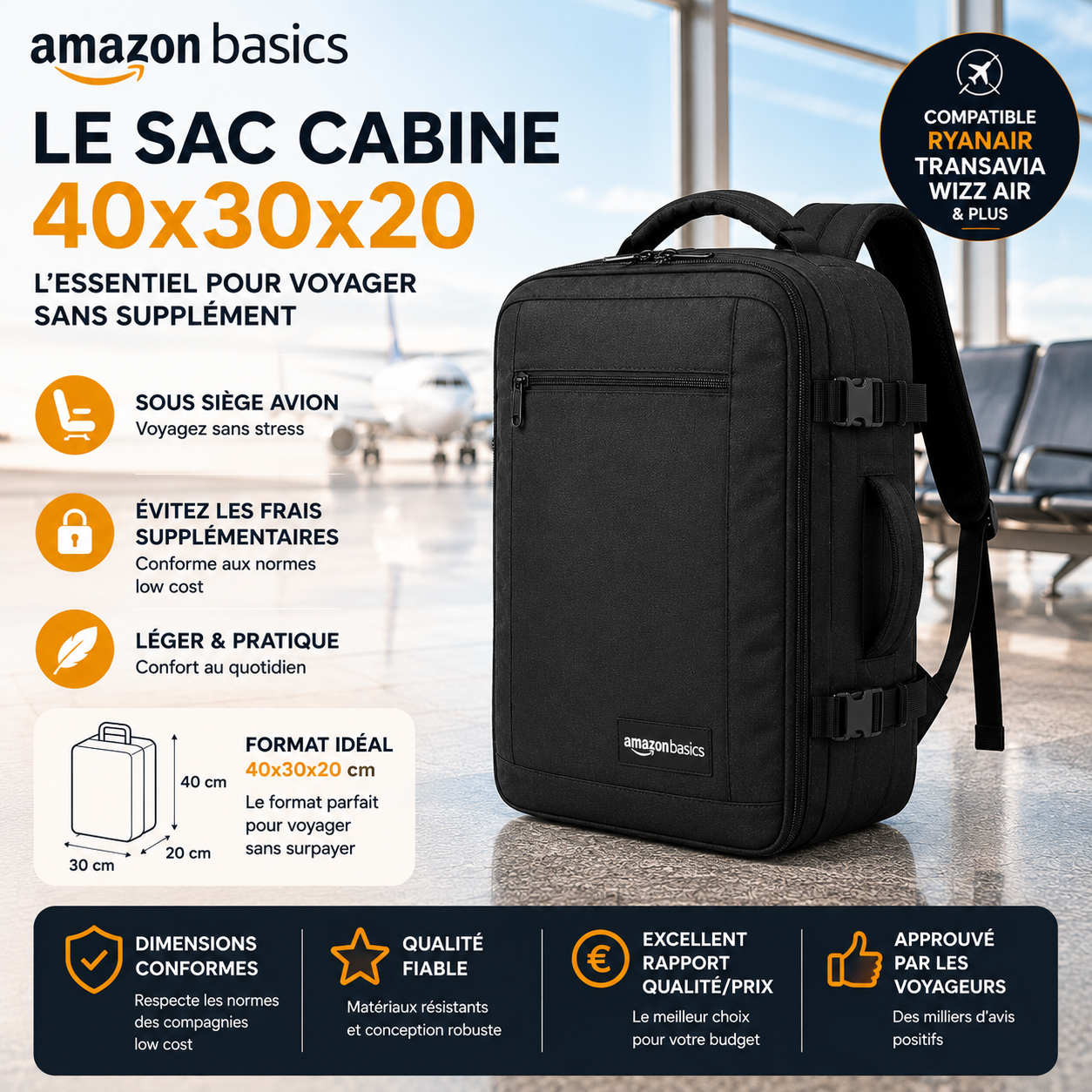 Sac cabine Amazon Basics compatible sous siège avion