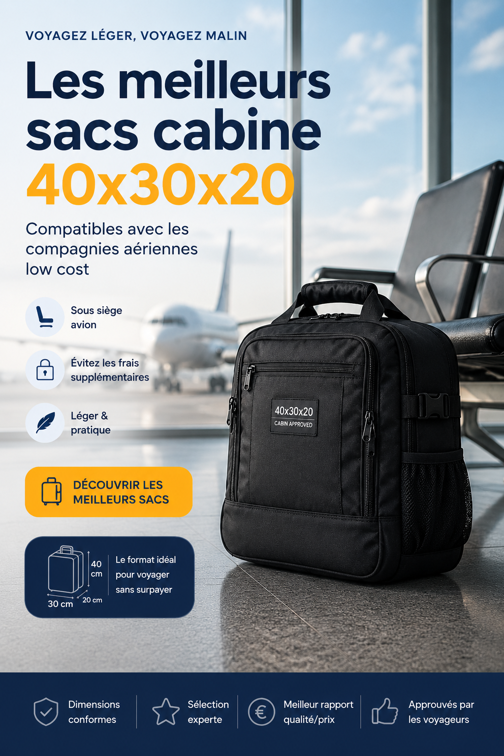 Sac cabine 40x30x20 compatible Ryanair et Transavia dans un terminal d’aéroport moderne