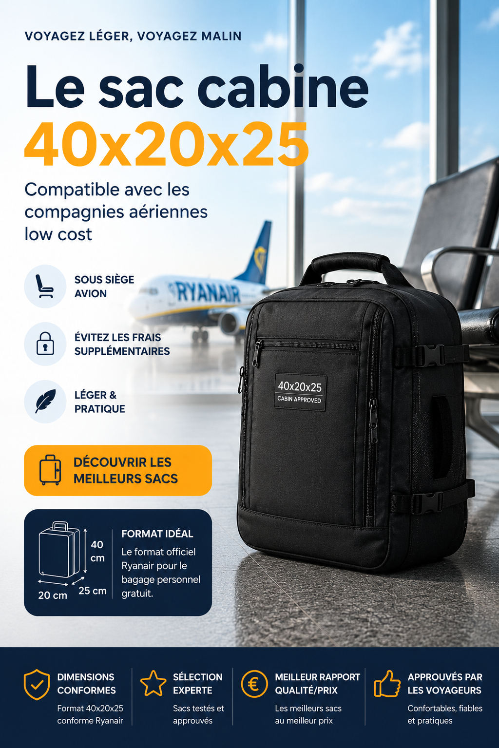 Sac cabine 40x20x25 compatible Ryanair