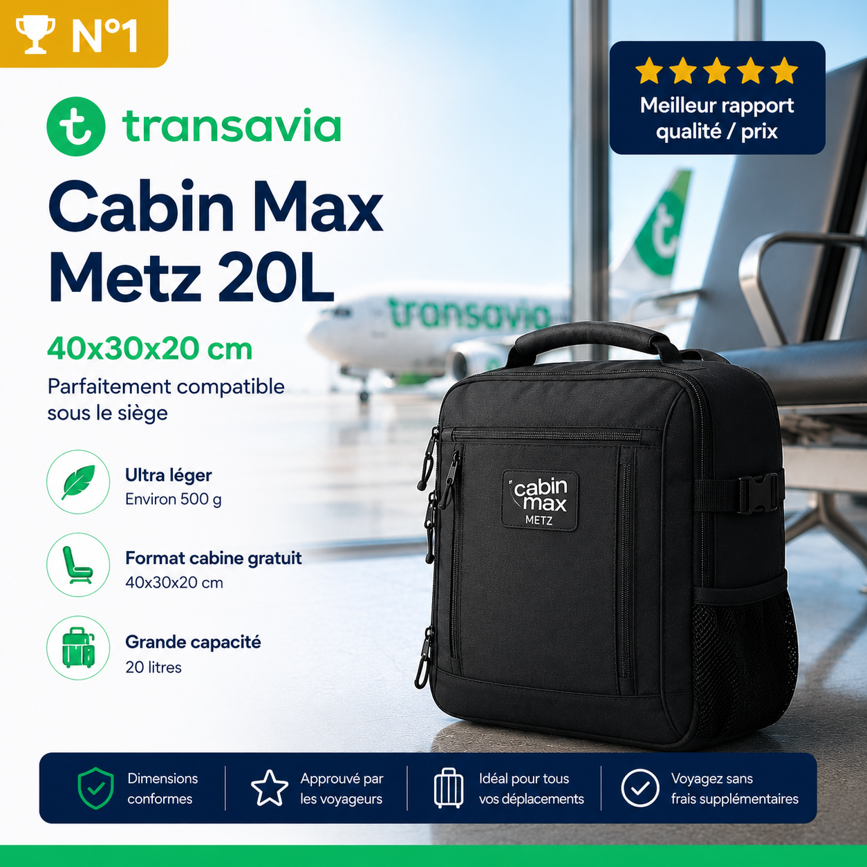 Cabin Max Metz sac cabine Transavia 40x30x20
