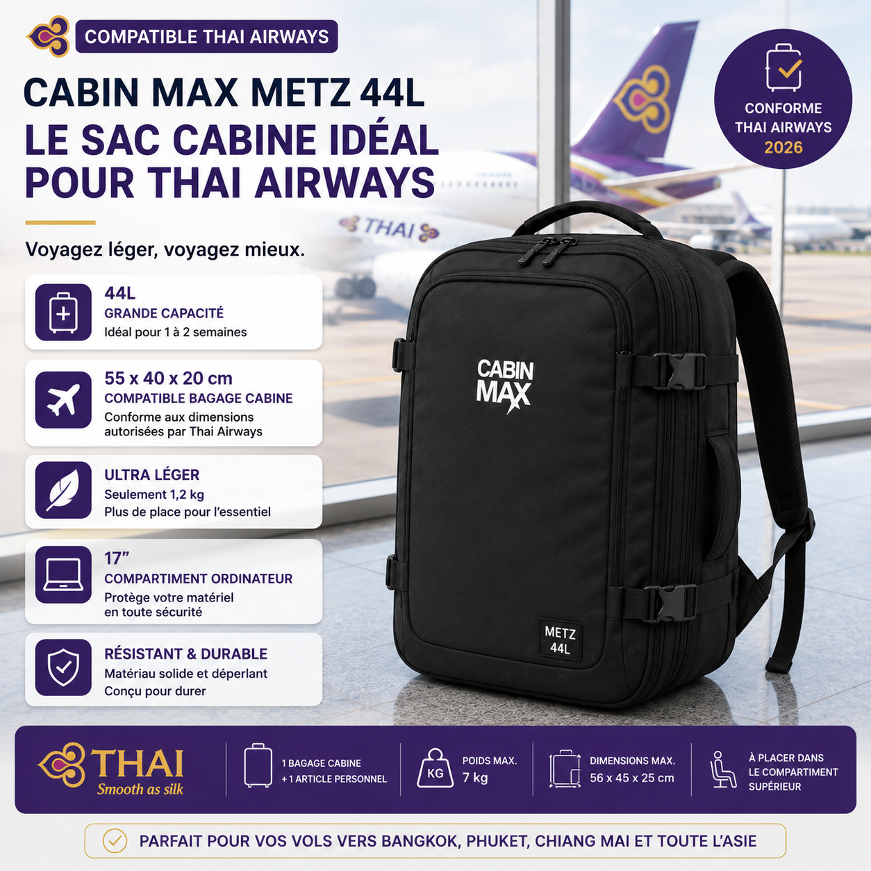Cabin Max Metz 44L sac cabine Thai Airways