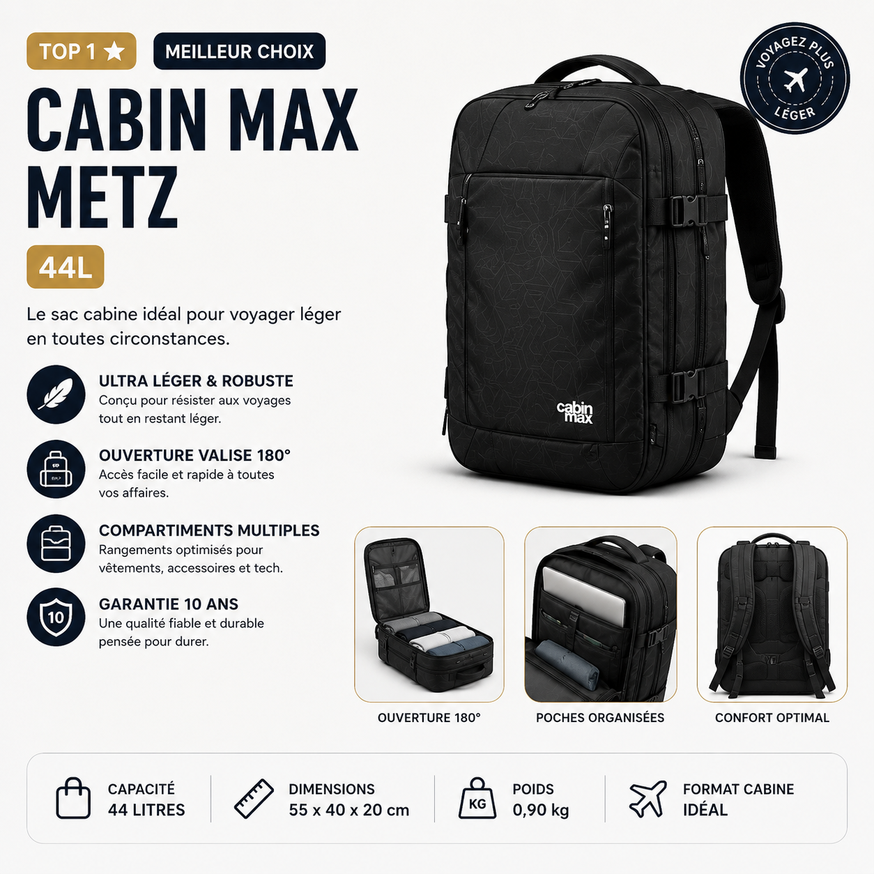 Cabin Max Metz 44L sac cabine homme compatible avion pour voyage léger et week-end