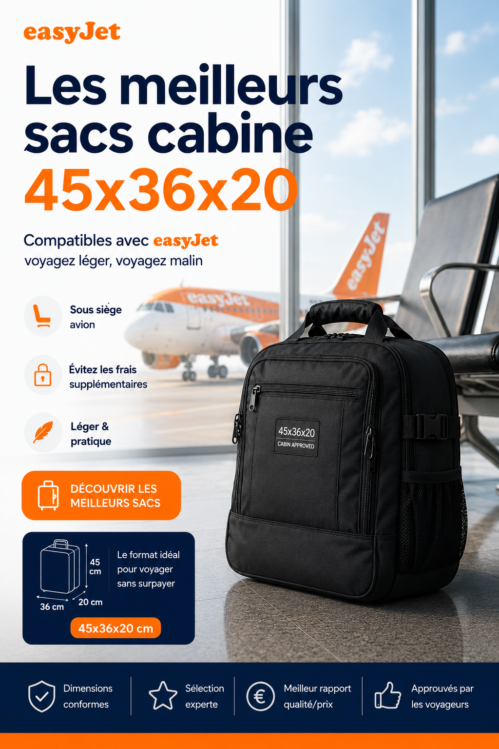 Sac cabine EasyJet 45x36x20 compatible sous siège avion