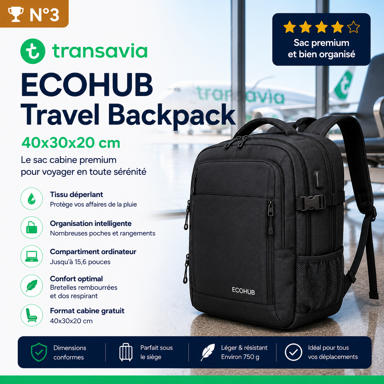 ECOHUB sac cabine Transavia 40x30x20