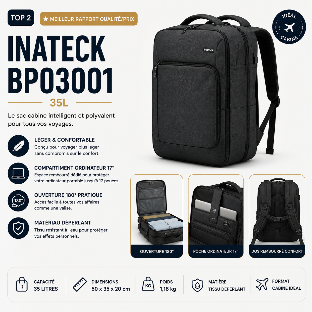 Inateck BP03001 sac cabine homme avec compartiment ordinateur portable et ouverture valise
