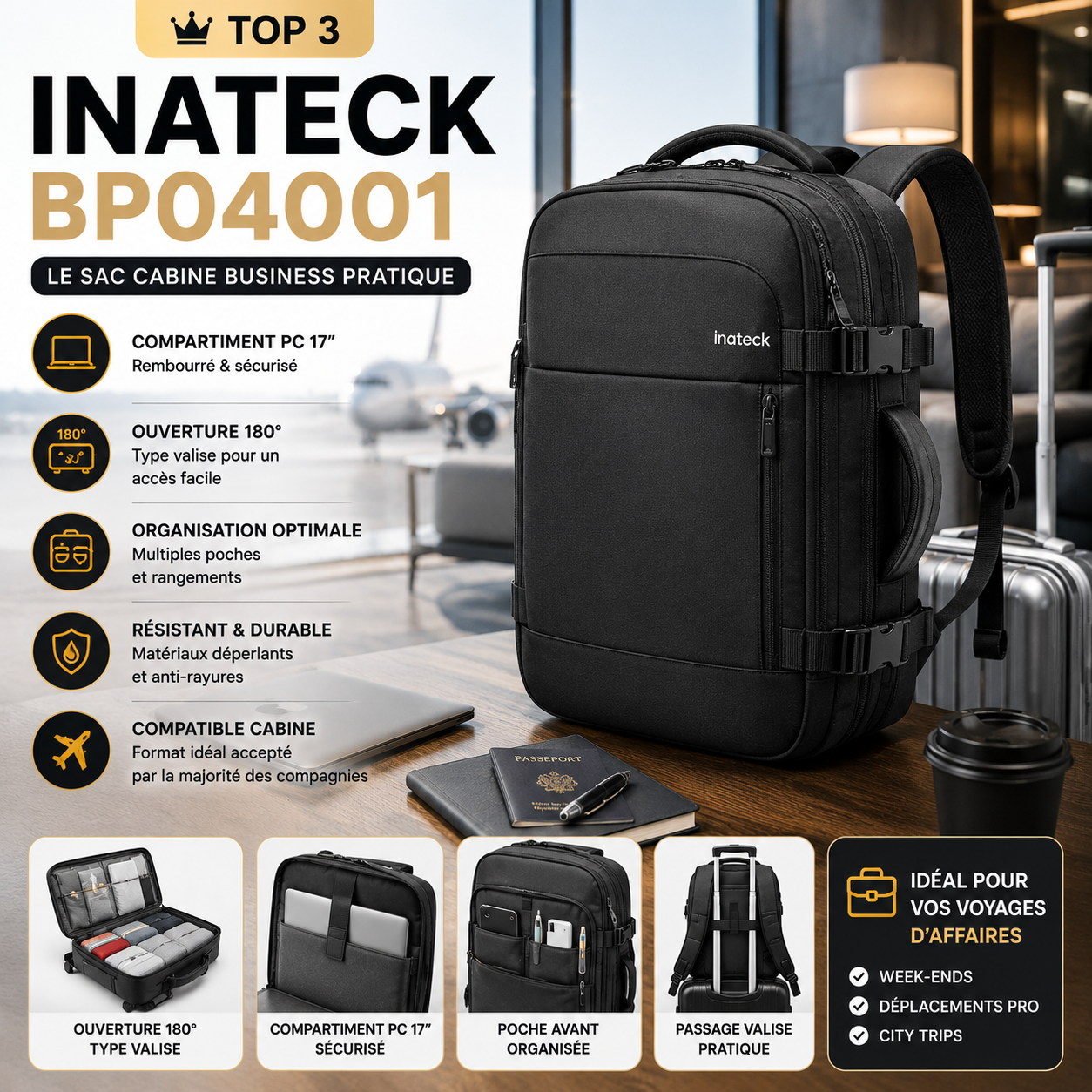 Inateck Travel Backpack sac cabine premium grande capacité avion