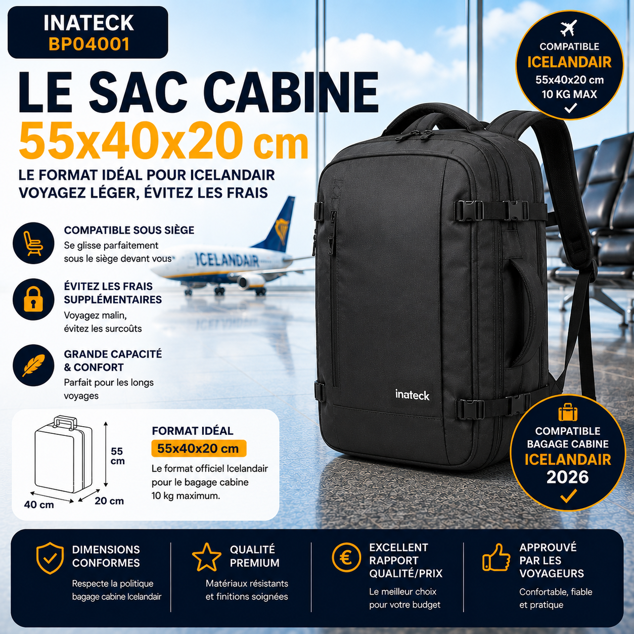 Inateck BP04001 sac cabine Icelandair voyage longue durée