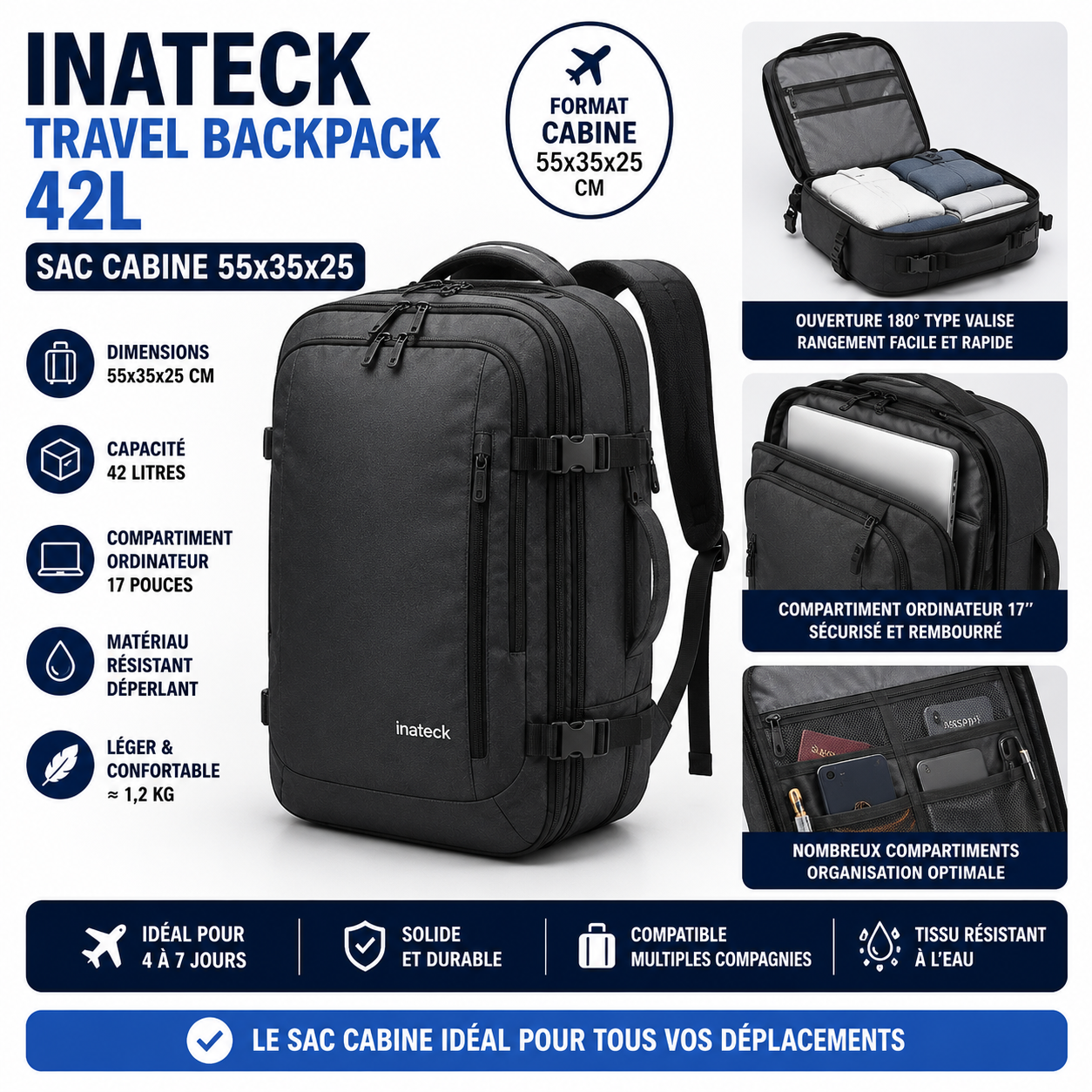 Inateck Travel Backpack 42L sac cabine 55x35x25
