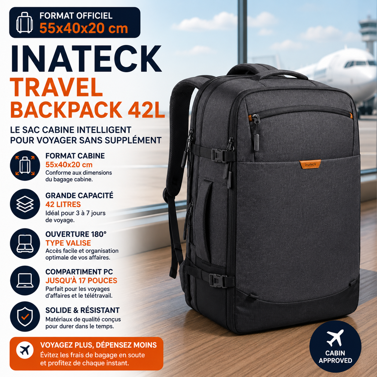 Inateck Travel Backpack 42L sac cabine 55x40x20