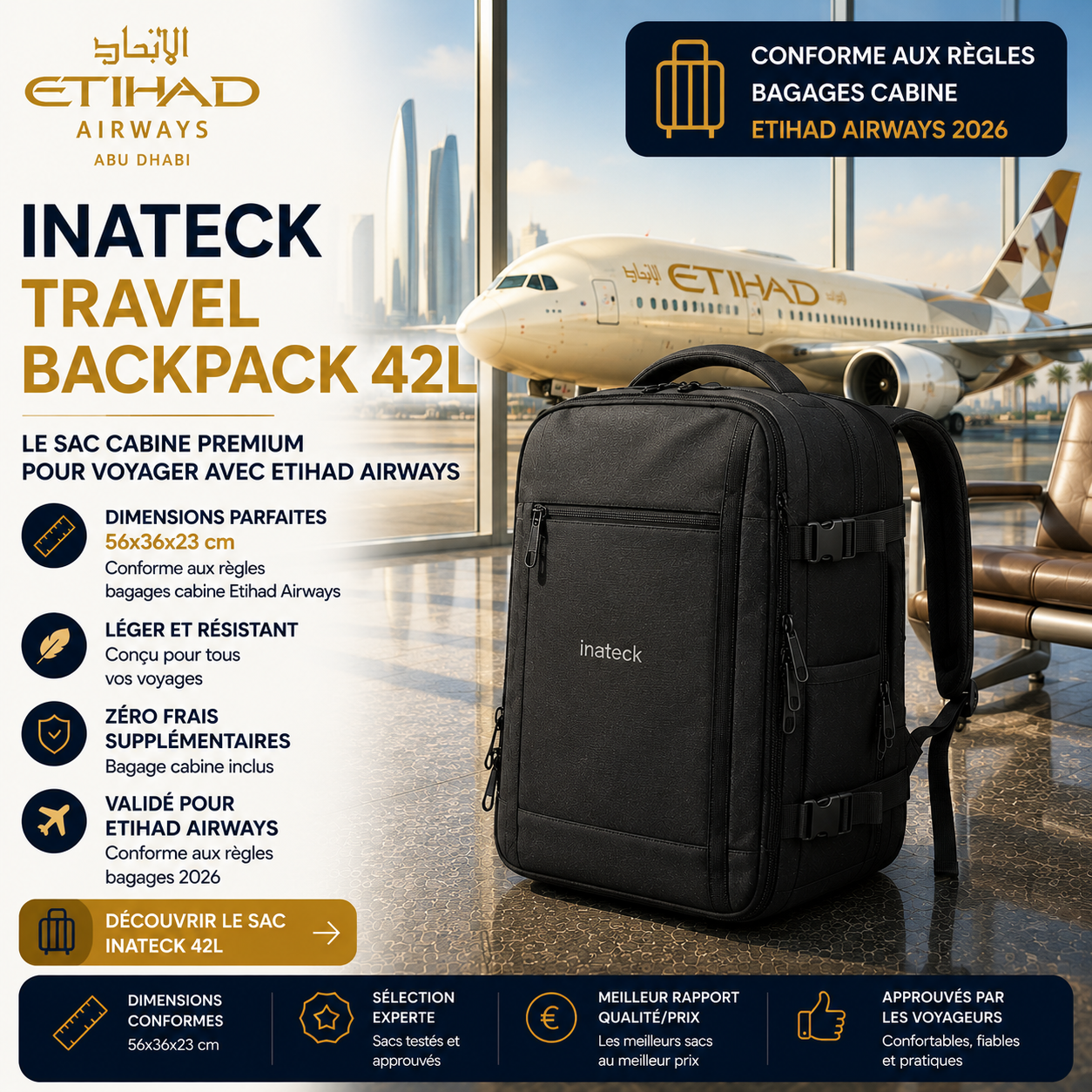 Inateck Travel Backpack sac cabine Etihad Airways