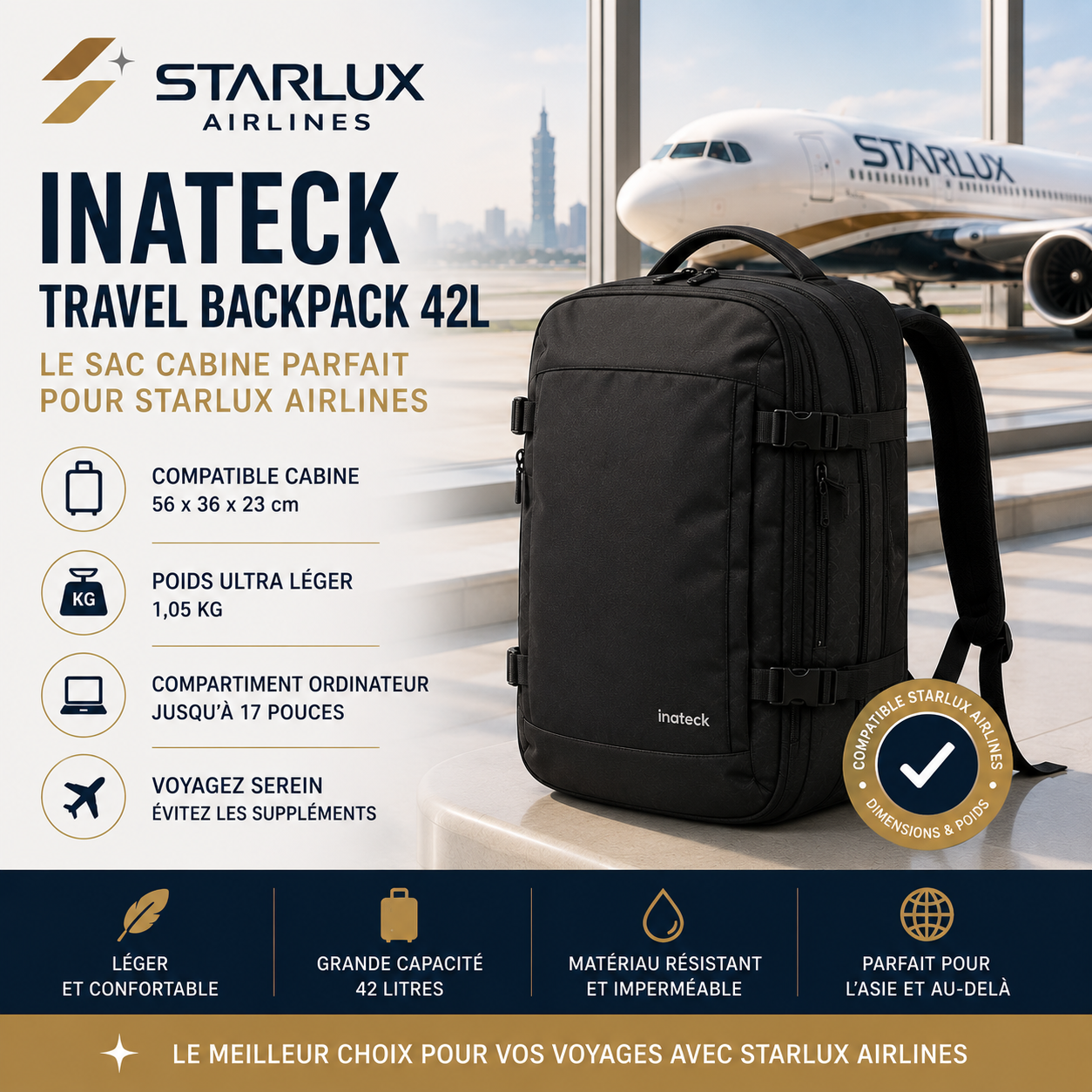 Inateck Travel Backpack 42L sac cabine STARLUX Airlines