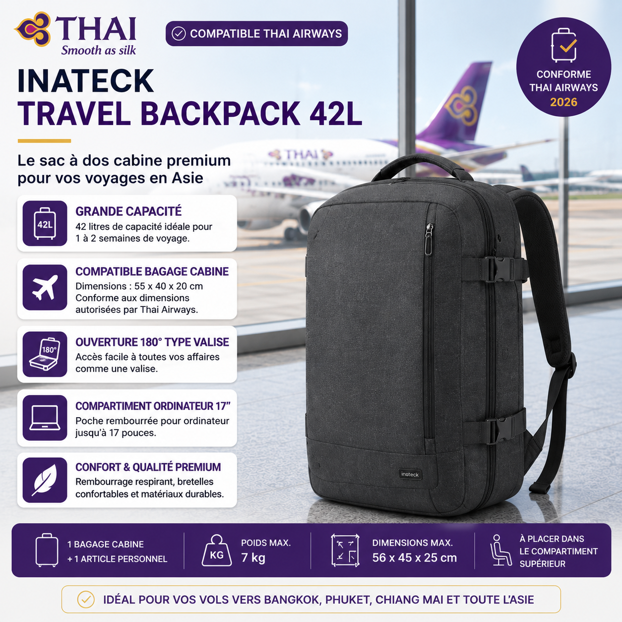 Inateck Travel Backpack 42L sac cabine Thai Airways