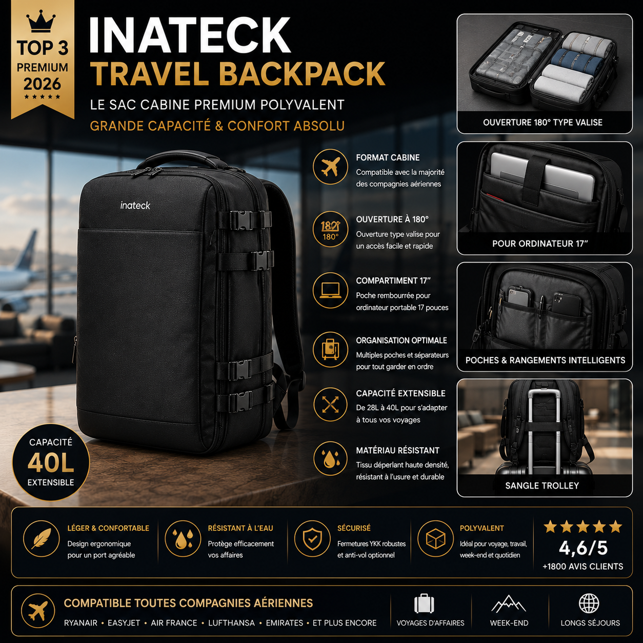 Inateck Travel Backpack sac cabine premium grande capacité avion