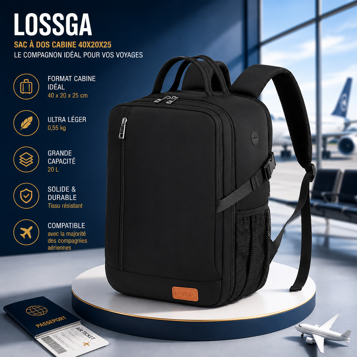 Sac cabine LOSSGA 40x20x25 compatible avion