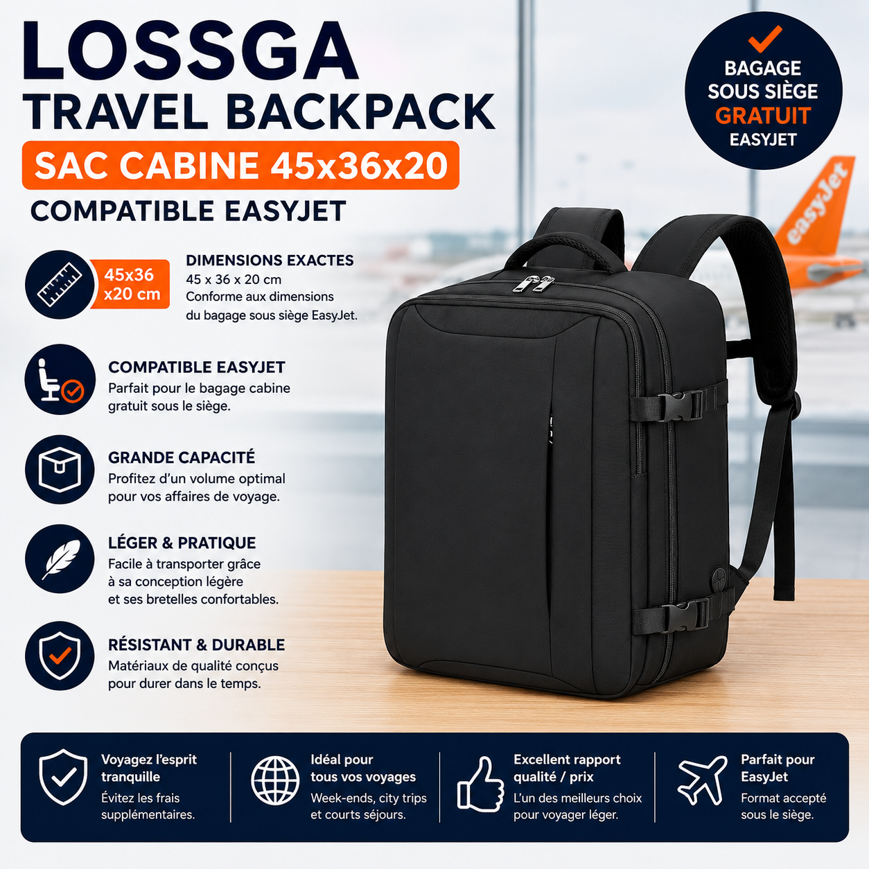 lossga Travel Backpack 45x36x20 compatible EasyJet