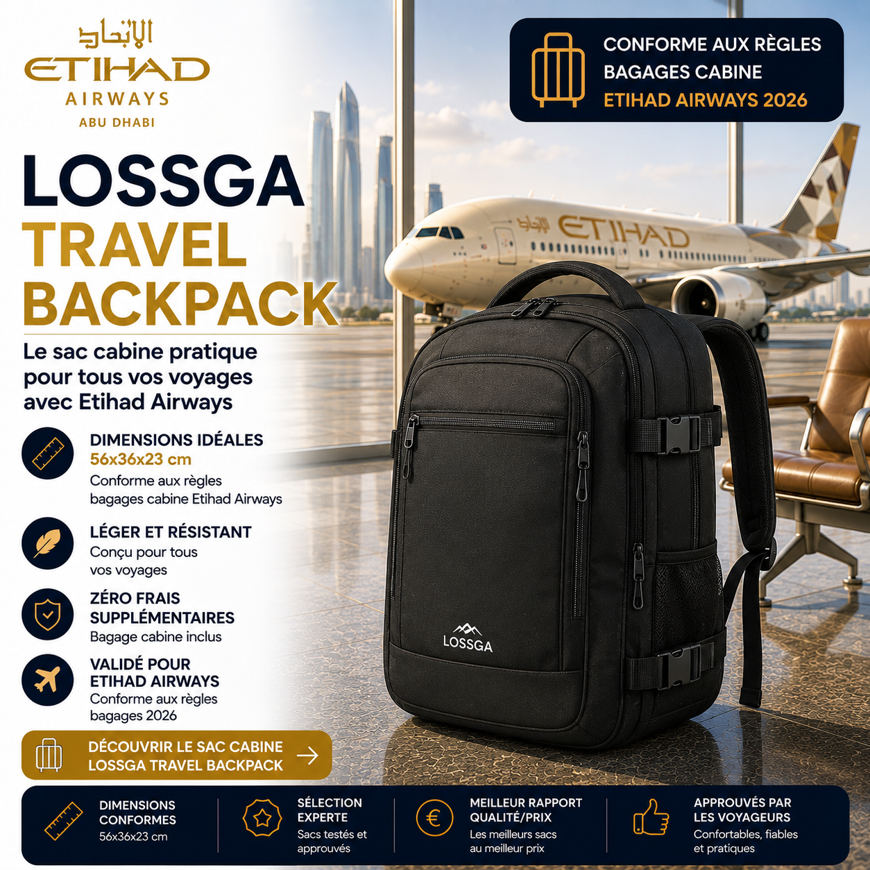 Lossga Travel Backpack sac cabine Etihad Airways