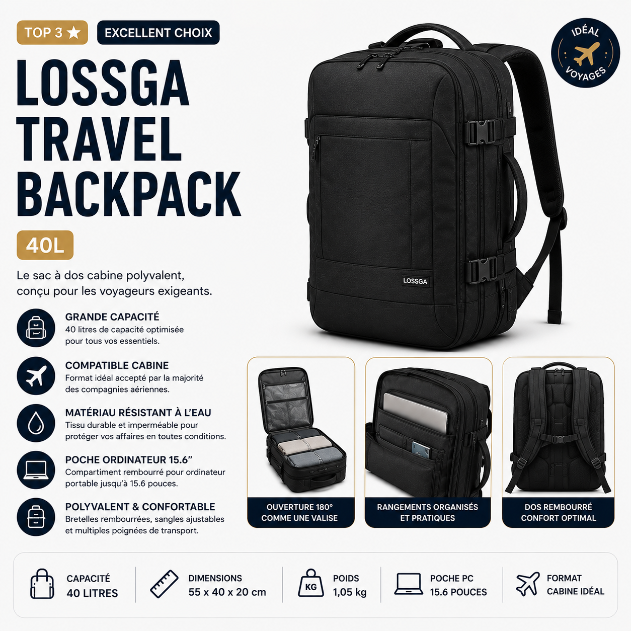 Lossga Travel Backpack 40L sac cabine homme compatible avion avec compartiment ordinateur et grande capacité