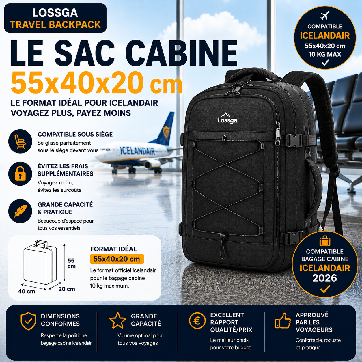 Lossga Travel Backpack sac cabine Icelandair grande capacité