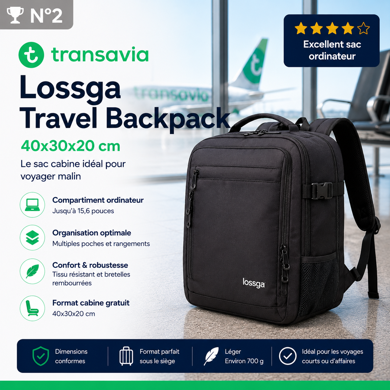 Lossga Travel Backpack sac cabine Transavia
