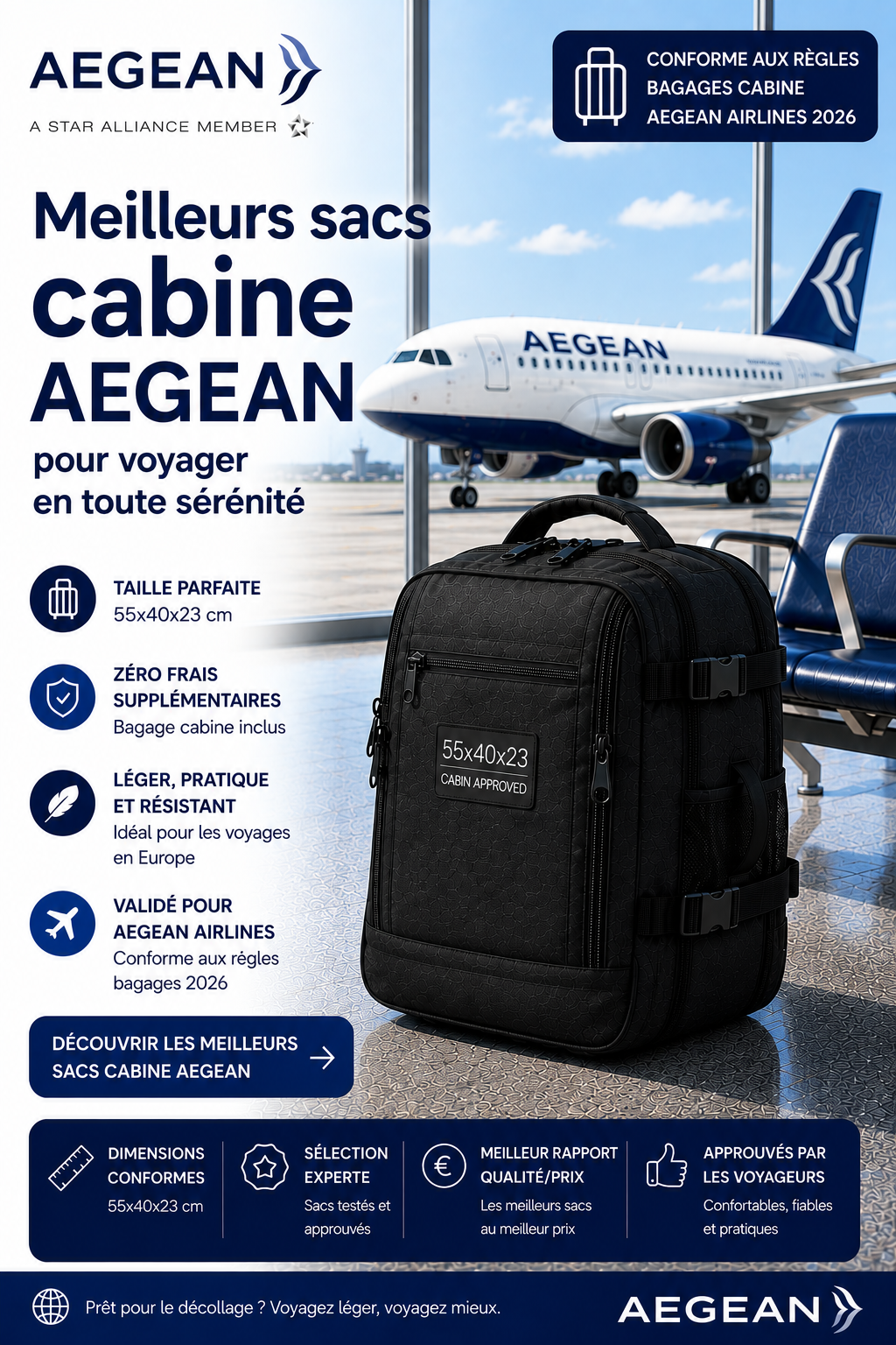 Sac cabine compatible Aegean Airlines dimensions 56x45x25 cm voyage cabine Grèce