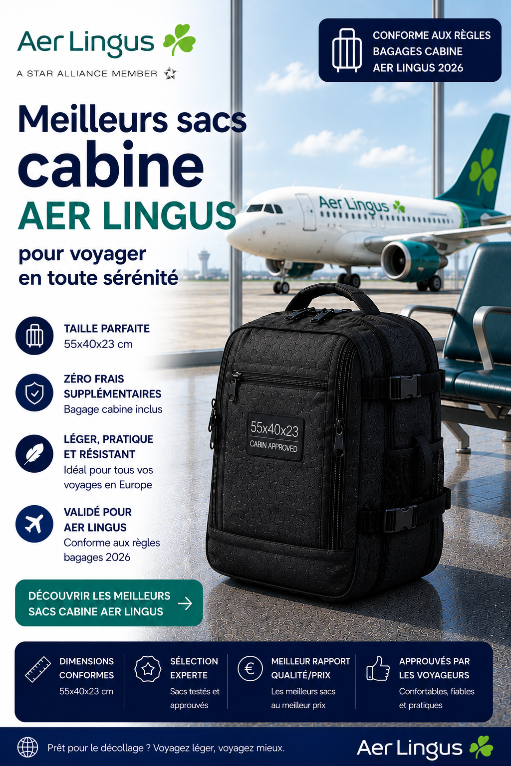 Sac cabine compatible Aer Lingus dimensions 55x40x24 cm voyage Irlande