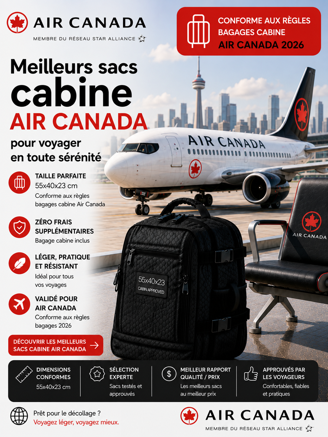 Sac cabine compatible Air Canada dimensions 55x40x23 cm voyage cabine Canada