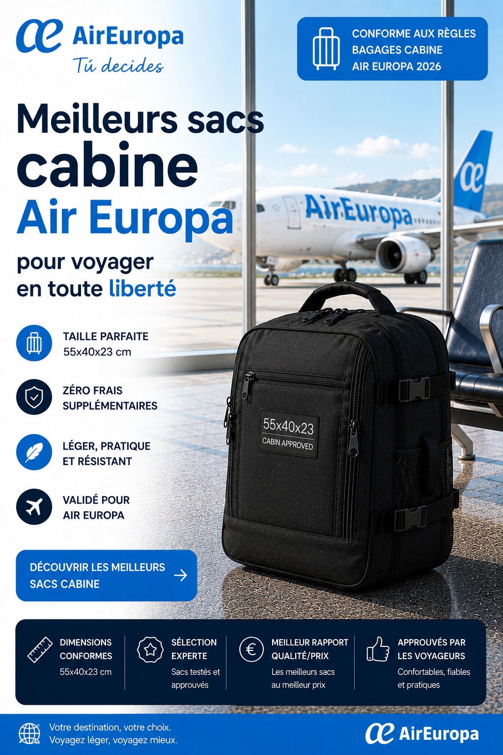 Sac cabine compatible Air Europa dimensions 55x35x25 cm voyage cabine Espagne
