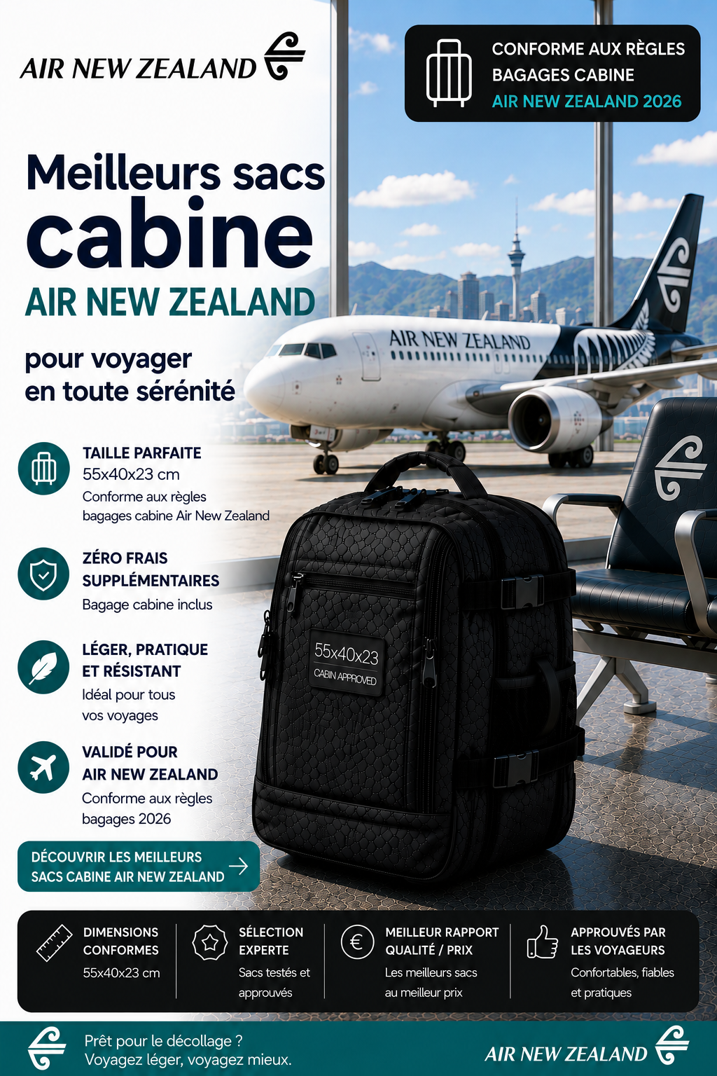 Bagage cabine Air New Zealand 2026 dimensions poids autorisé et sac cabine compatible