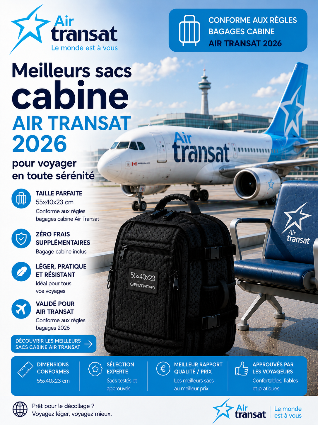 Sac cabine compatible Air Transat dimensions 55x40x23 cm voyage Canada