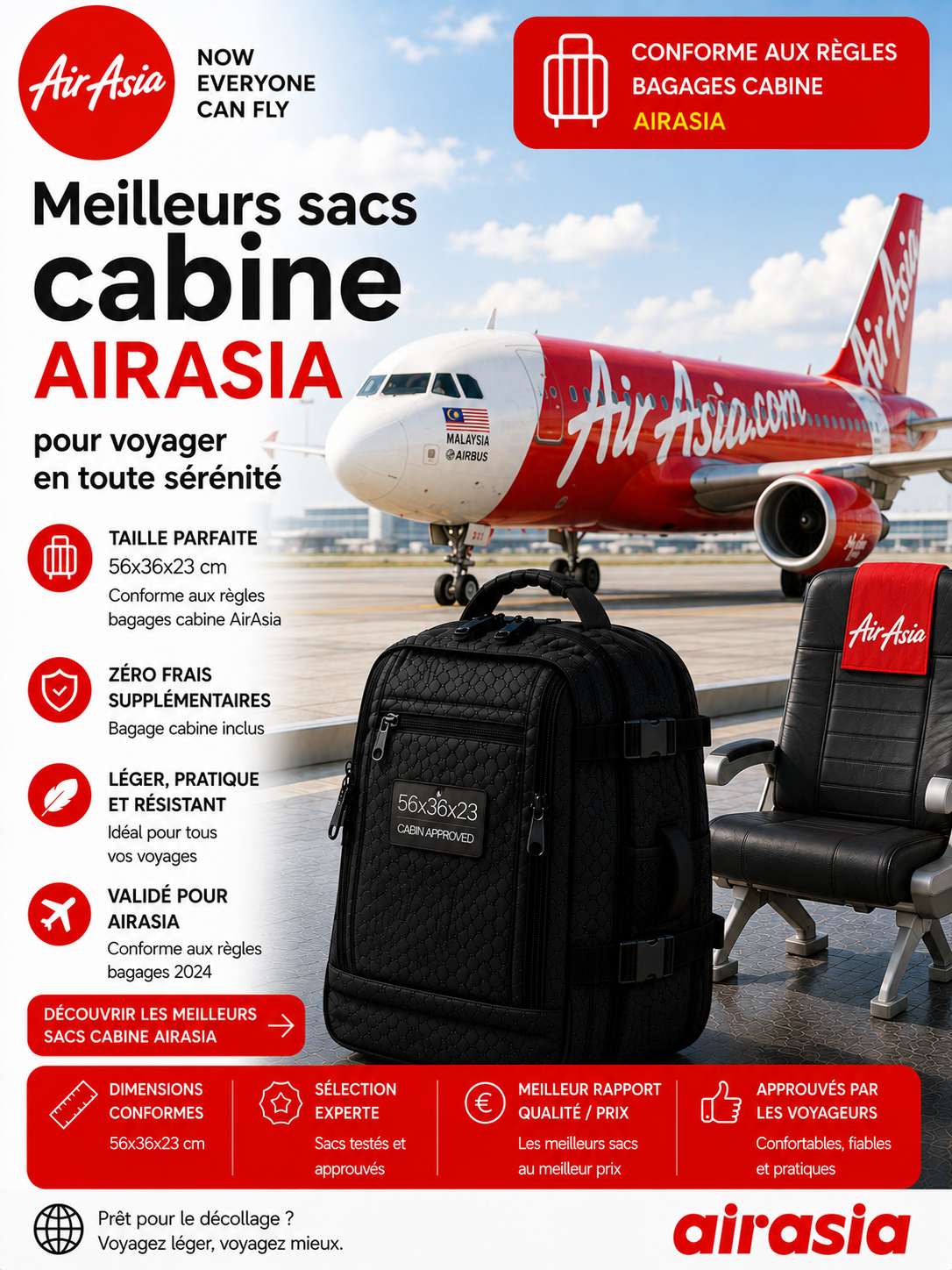 Bagage cabine AirAsia 2026 dimensions poids autorisé et sac cabine compatible