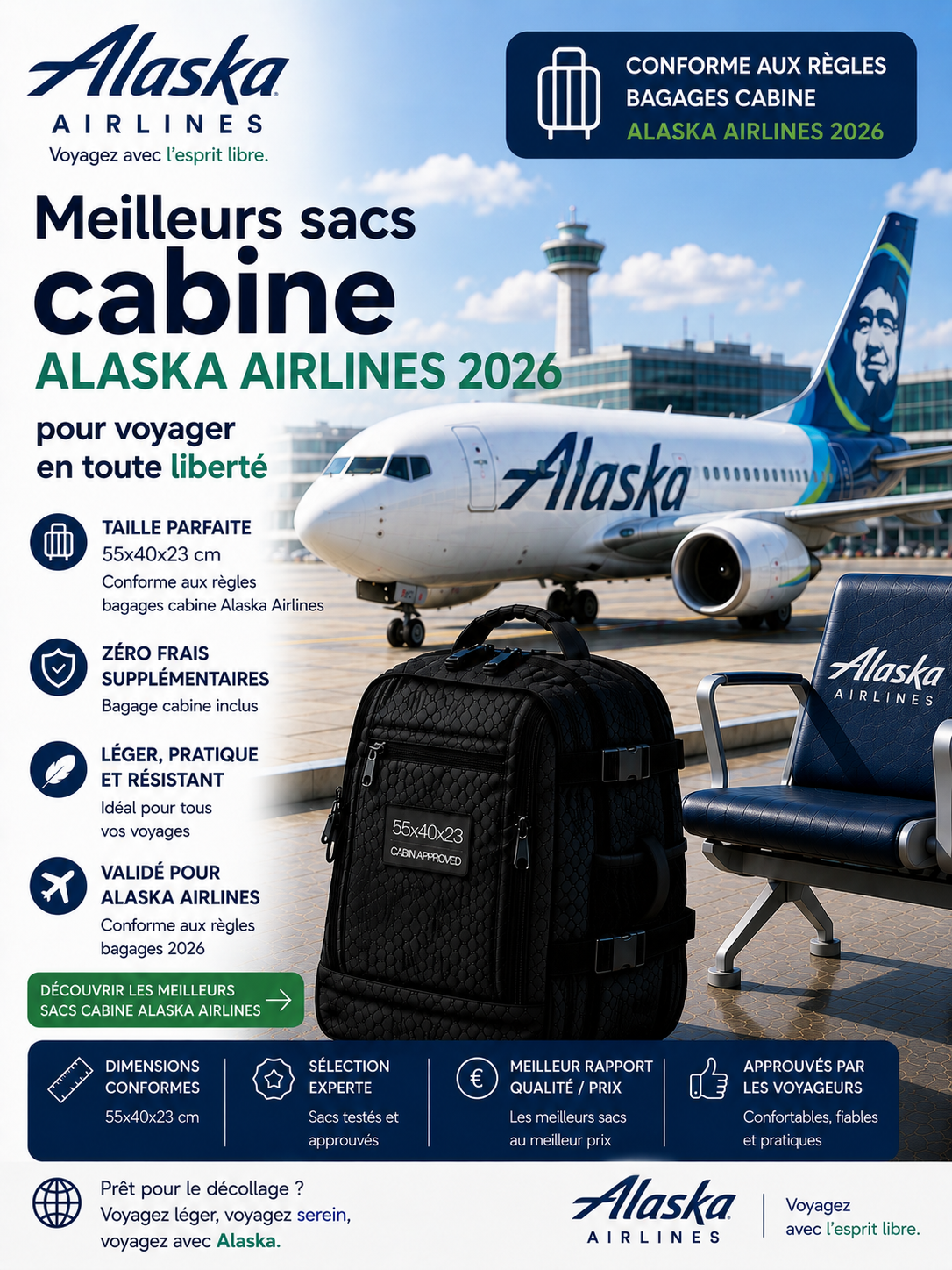 Sac cabine compatible Alaska Airlines dimensions 56x35x23 cm voyage Etats Unis