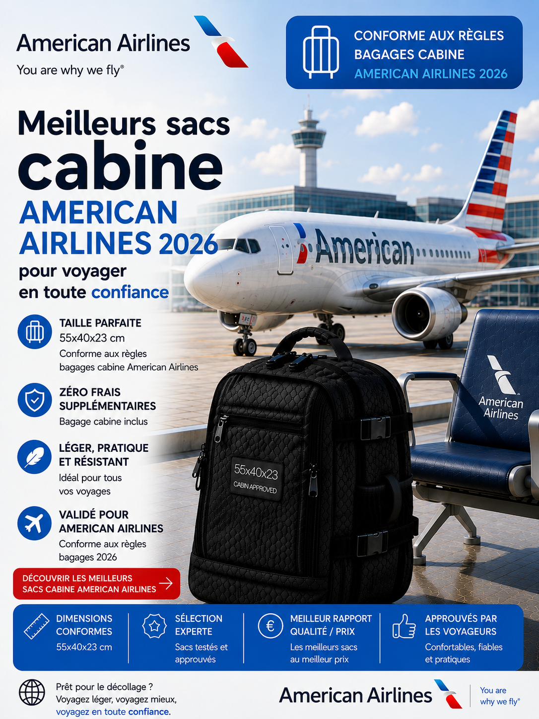 Sac cabine compatible American Airlines dimensions 56x36x23 cm voyage Etats Unis