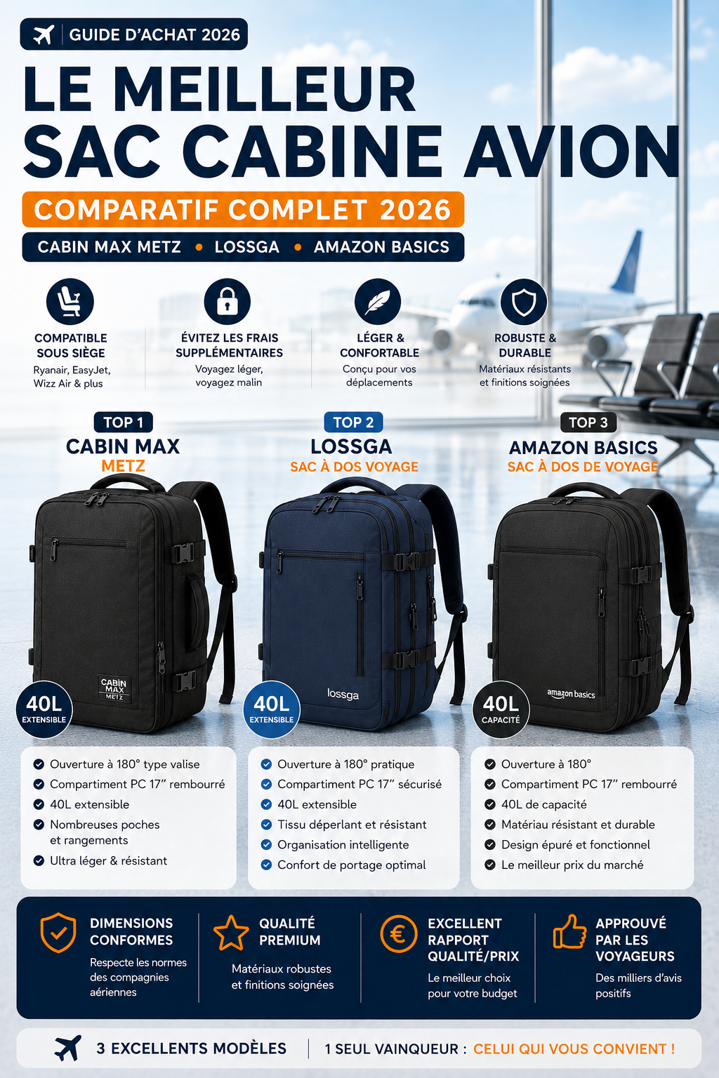 Comparatif des meilleurs sacs cabine avion compatibles compagnies low cost