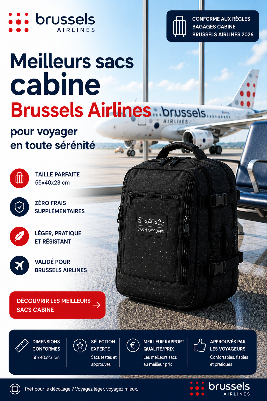 Sac cabine compatible Brussels Airlines dimensions 55x40x23 cm voyage Europe