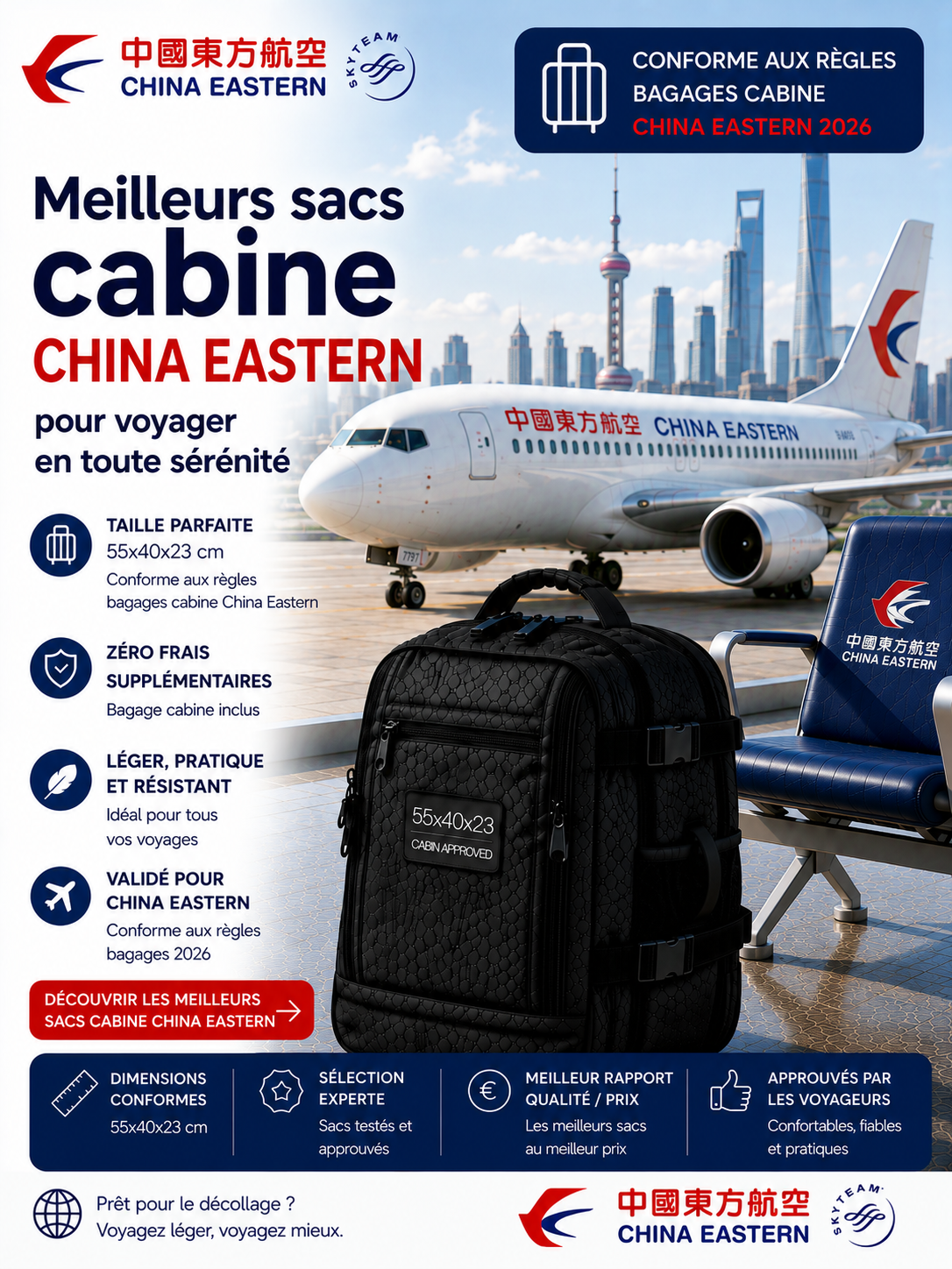 Bagage cabine China Eastern 2026 dimensions poids autorisé et sac cabine compatible