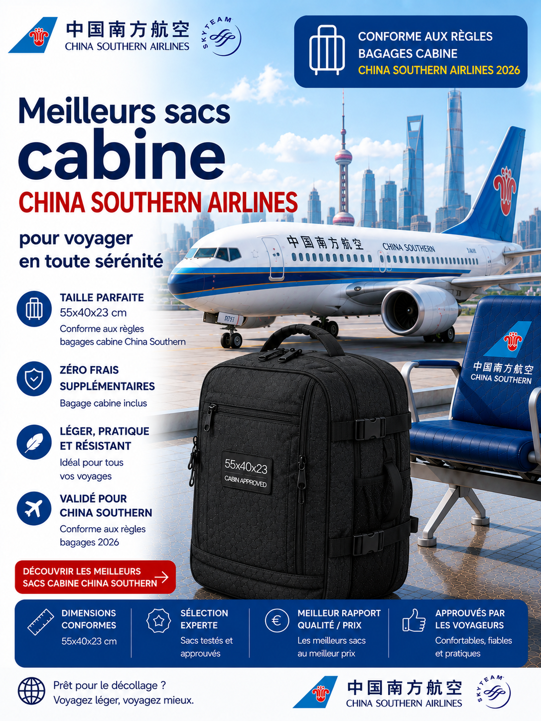 Bagage cabine China Southern 2026 dimensions poids autorisé et sac cabine compatible