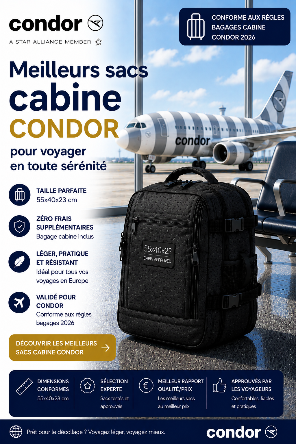 Sac cabine compatible Condor dimensions 55x40x20 cm voyage vacances