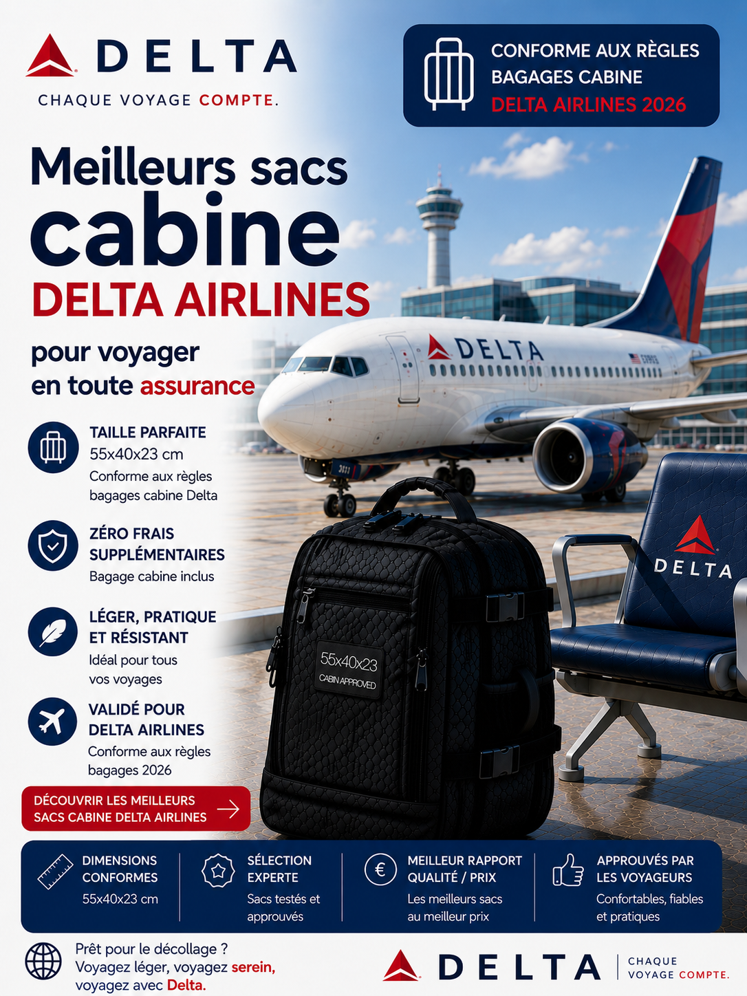 Sac cabine compatible Delta Air Lines dimensions 56x35x23 cm voyage Etats Unis