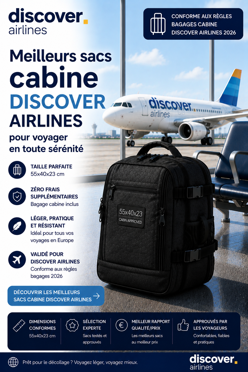 Sac cabine compatible Discover Airlines dimensions 55x40x23 cm voyage long courrier