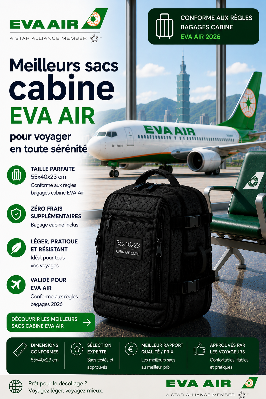 Bagage cabine EVA Air 2026 dimensions poids autorisé et sac cabine compatible
