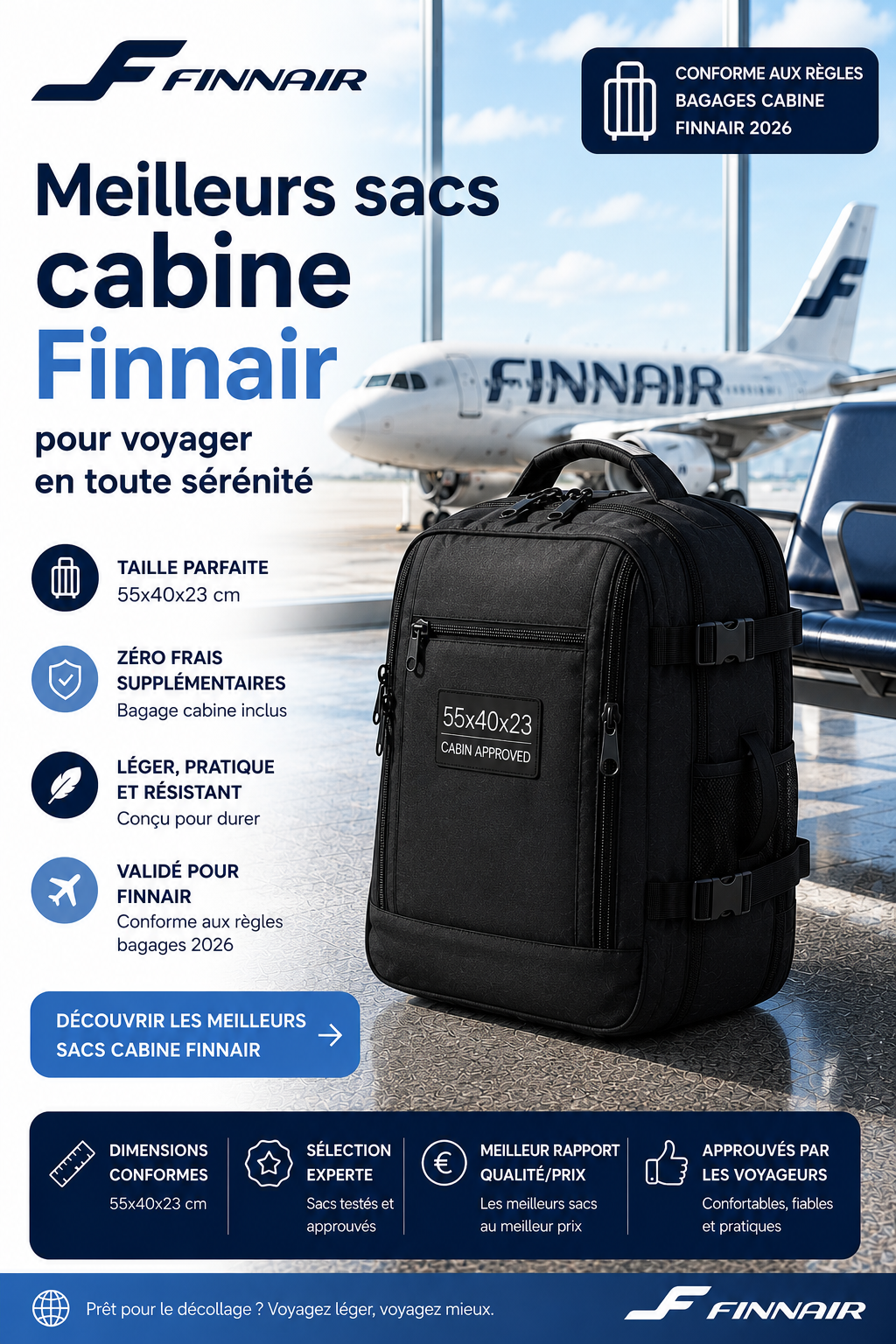 Sac cabine compatible Finnair dimensions 55x40x23 cm voyage cabine Finlande