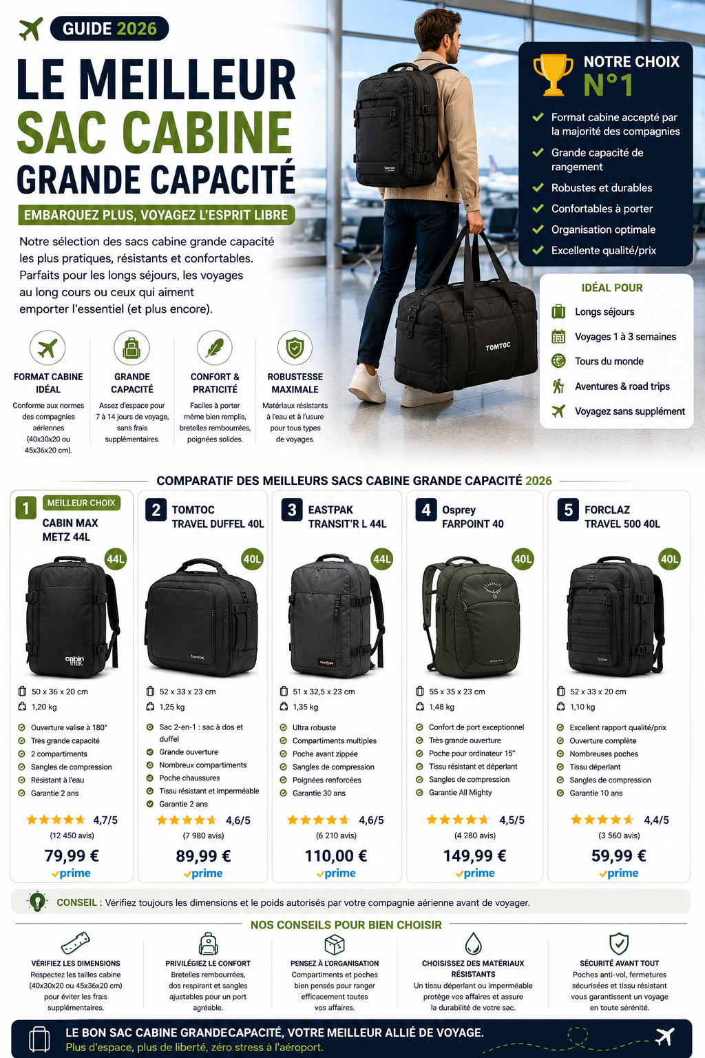 Sac cabine grande capacité compatible avion
