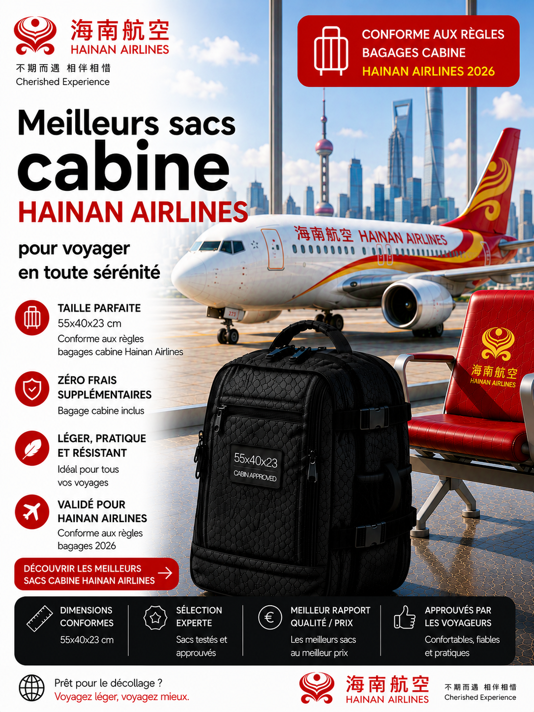 Bagage cabine Hainan Airlines 2026 dimensions poids autorisé et sac cabine compatible