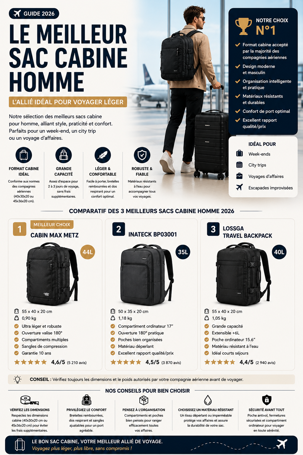 Sac cabine homme premium compatible avion
