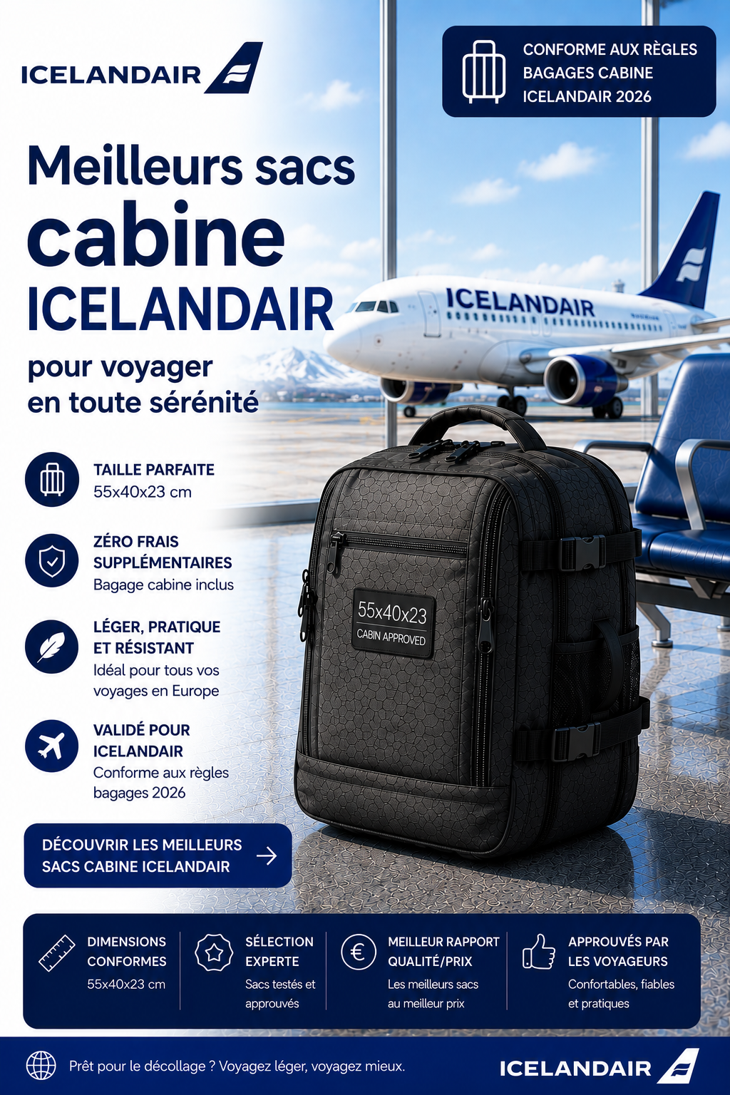 Sac cabine compatible Icelandair dimensions 55x40x20 cm voyage Islande
