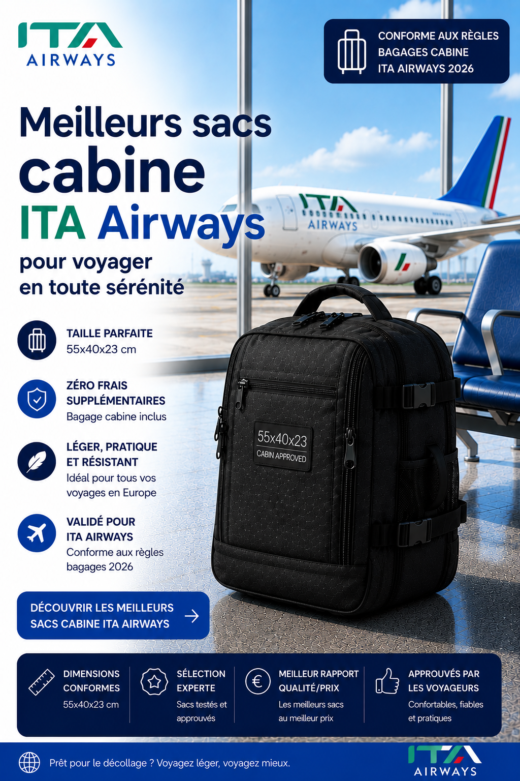 Sac cabine compatible ITA Airways dimensions 55x35x25 cm voyage Italie
