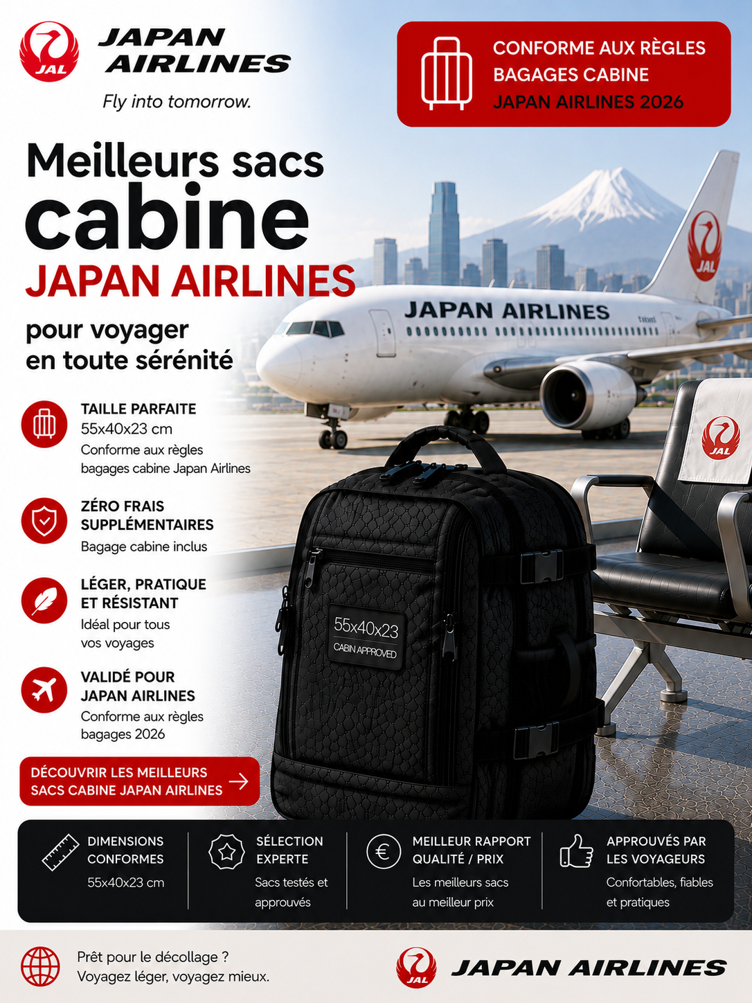 Bagage cabine Japan Airlines 2026 dimensions poids autorisé et sac cabine compatible
