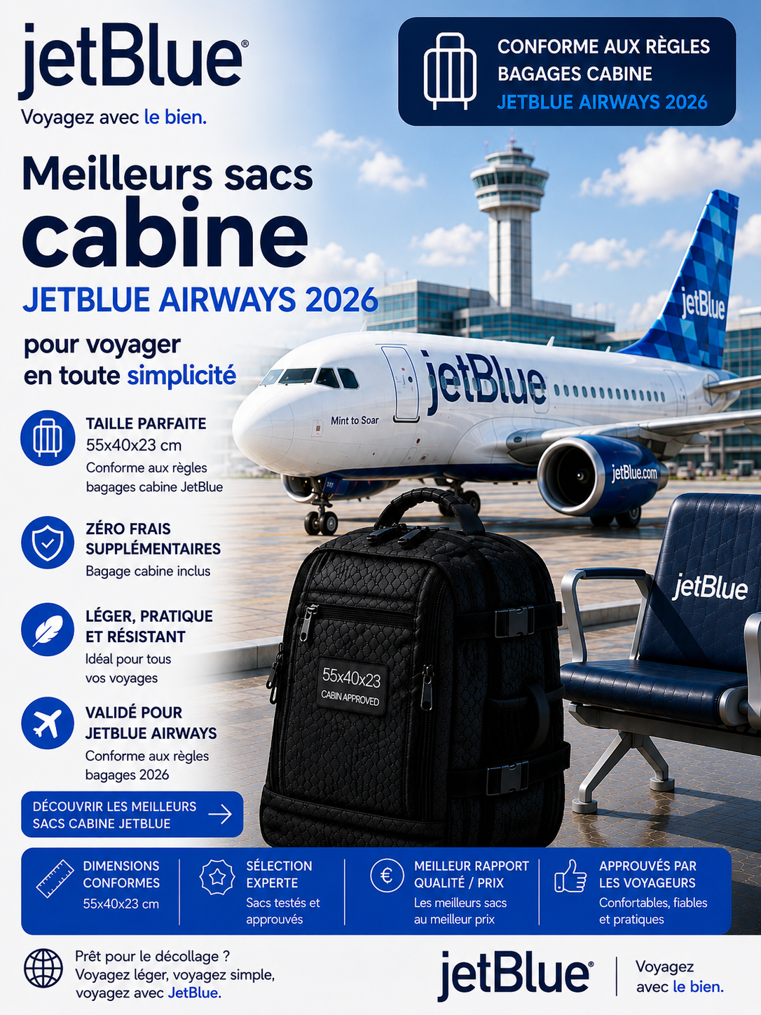 Sac cabine compatible JetBlue dimensions 56x35x22 cm voyage Etats Unis