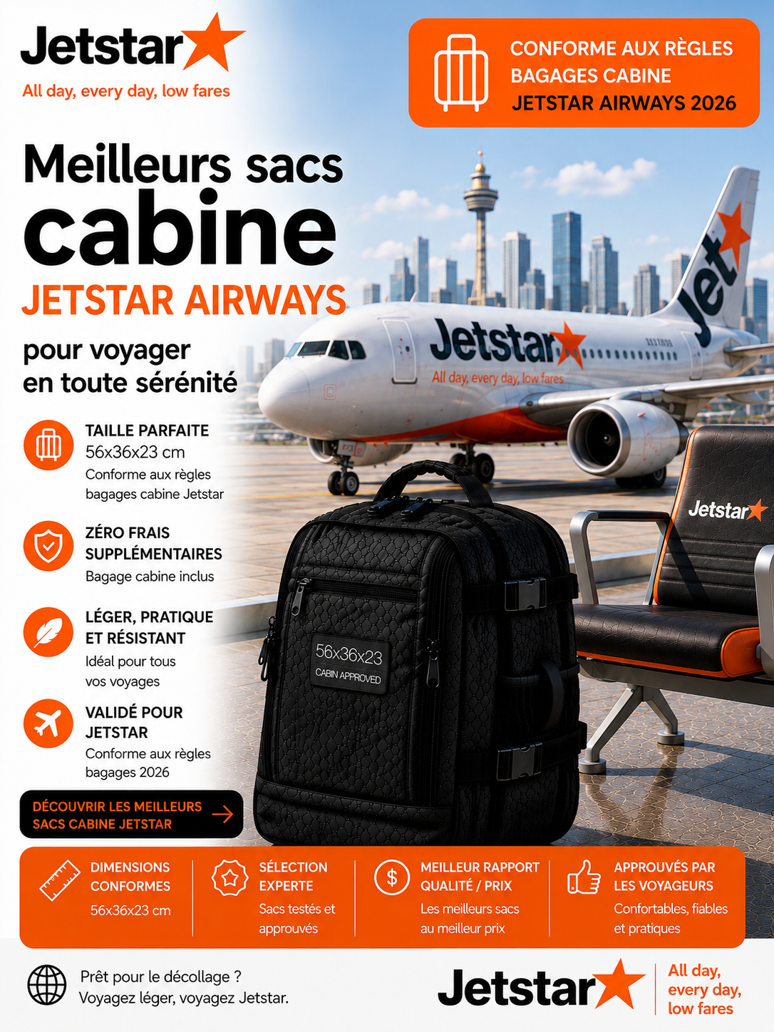 Bagage cabine Jetstar Airways 2026 dimensions poids autorisé et sac cabine compatible