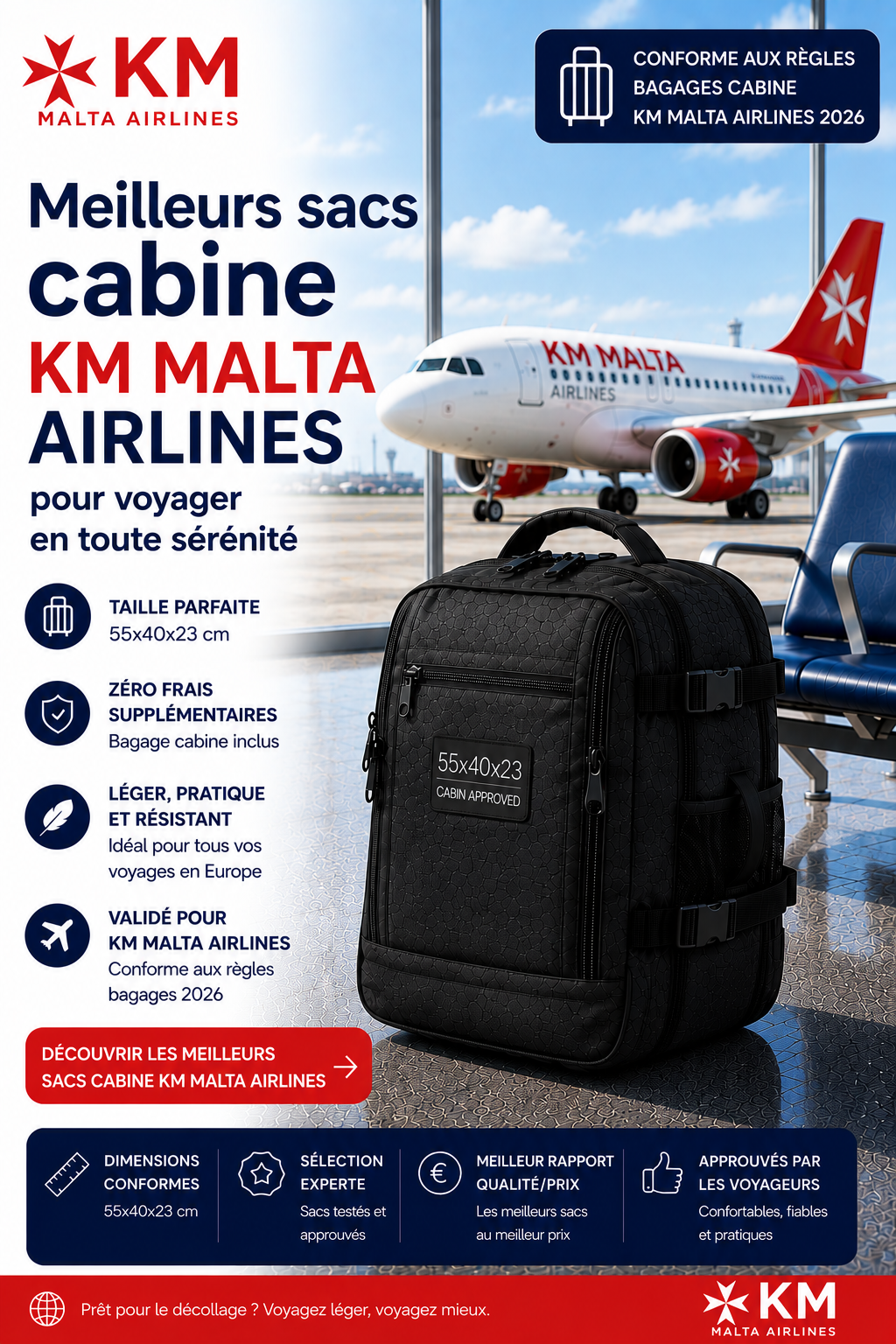 Sac cabine compatible KM Malta Airlines dimensions 55x40x25 cm voyage Malte